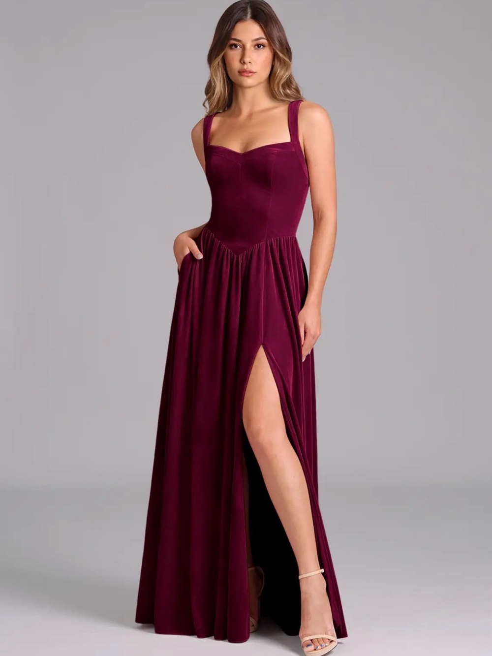 Azazie Women’s Cabernet Velvet Maxi Dress with Sweetheart Bodice